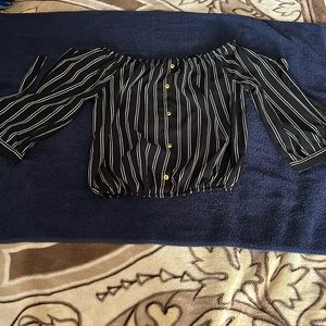 Black with white stripes and gold button crop topped shirt. Great condition